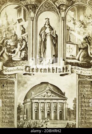 'The photo shows the ''Gedenkblatt zur Saecularfeier der St. Hedwigskirche zu Berlin'' with a painting of the patroness Hedwig. The St. Hedwig's Cathedral on Bebelplatz in Berlin-Mitte was consecrated in 1773 and the parish celebrated its hundredth anniversary in 1873.' Stock Photo