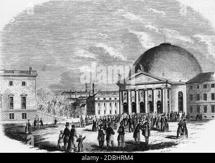 The drawing from 1847 shows St. Hedwig's Cathedral at Bebelplatz in Berlin-Mitte. Churchgoers have gathered on the square. In the background, the Friedrichswerdersche Kirche (Friedrichswerder Church). Stock Photo