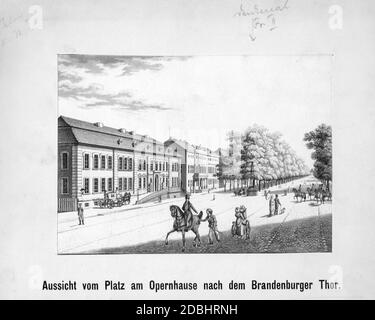 This drawing shows the street Unter den Linden seen from Platz am Opernhaus (today Bebelplatz) with a view towards the Brandenburg Gate. In the middle of the picture a horseman gives money to a beggar, behind him is the construction site for the equestrian statue of Frederick the Great. The drawing was made in the first half of the 19th century. Stock Photo