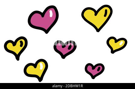 Pink and yellow hearts set for wedding and valentine design. Doodle vector illustrations isolated on white. Stock Vector