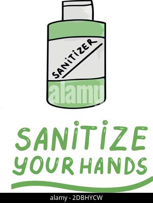 Sanitize your hands. Icons trendy color doodles isolated on a white background, lettering, calligraphy, green text. Protection from coronavirus Stock Vector