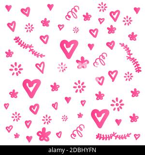 Vector set elements isolated on a white background. Pink lines simple contour icons. Doodle Hand-drawn hearts, flowers. Stock Vector