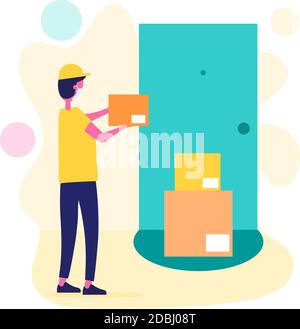 Courier in a medical mask delivers orders. Concept for safe delivery service. Stay at home concept. Quarantine and prevention of spread of coronavirus Stock Vector