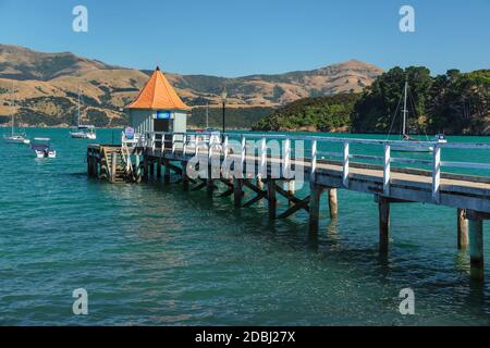 Daly's Wharf, historic jetty, Akaroa Harbour, Banks Peninsula, Canterbury, South Island, New Zealand, Pacific Stock Photo