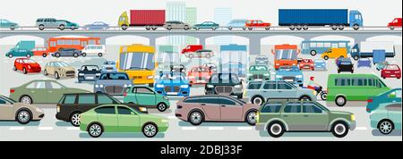 Traffic jam at the road intersection, illustration Stock Vector