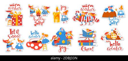 Bundle of winter stickers with cute elf characters on Christmas holidays Stock Vector