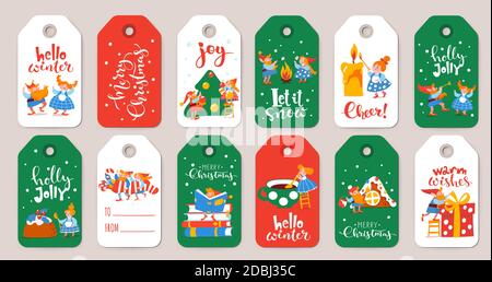 Bundle of winter sale red and green labels with cute elf characters on Christmas holidays Stock Vector