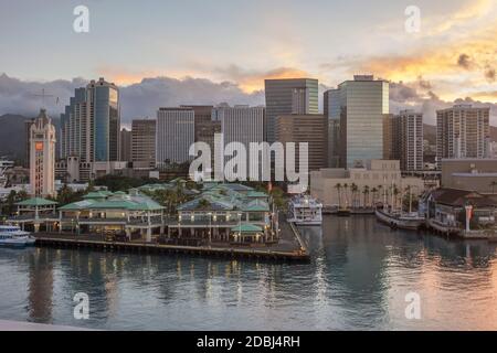 Waterfront and Aloha Tower, Honolulu, Oahu, Hawaii, United States of America, Pacific Stock Photo