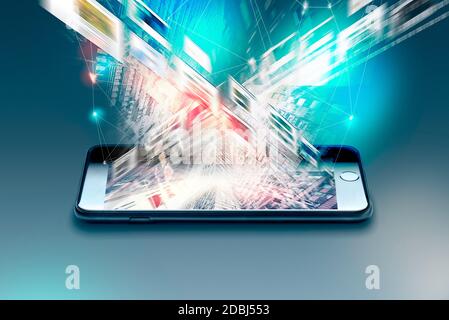 Encrypted mobile data from a smartphone, 5G steaming service Creative abstract mobile internet web communication security and safety business commerci Stock Photo
