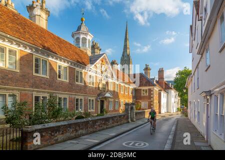 View of High Street and Salisbury Cathedral in background, Salisbury, Wiltshire, England, United Kingdom, Europe Stock Photo