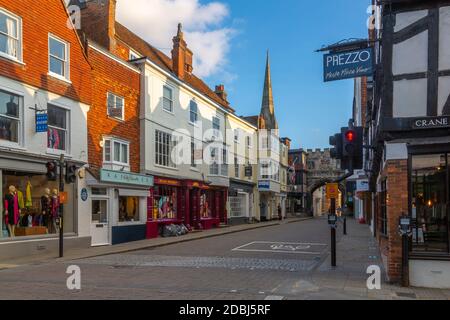 View of shops and bars on High Street, Salisbury, Wiltshire, England, United Kingdom, Europe Stock Photo