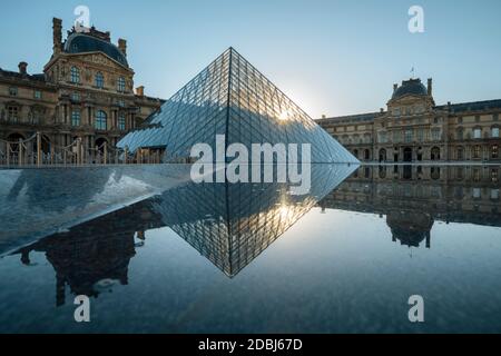 Louvre Museum and Pyramid at dawn, Paris, Ile-de-France, France, Europe Stock Photo
