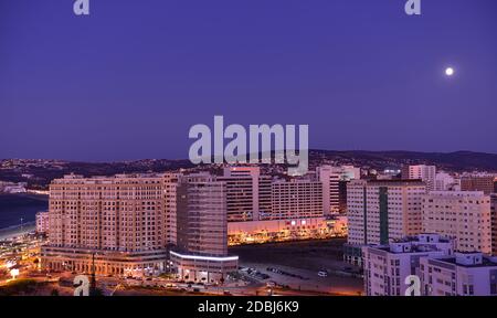 Panoramic view of Tangier at night. Tangier is a Moroccan city located in the north of Morocco in Africa. Stock Photo