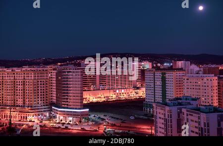 Panoramic view of Tangier at night. Tangier is a Moroccan city located in the north of Morocco in Africa. Stock Photo