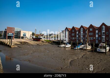 Shipyard at low tide in Husum inland port Stock Photo