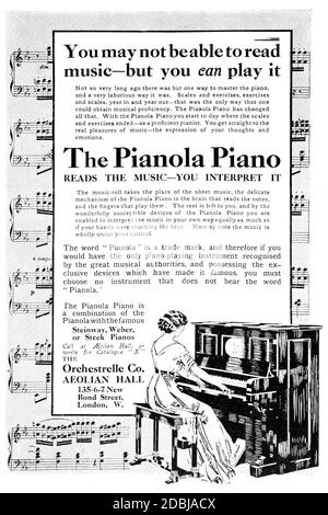Orchestrelle Company advertisement for Pianolas from 1914 The Studio an Illustrated Magazine of Fine and Applied Art depicting woman at automatic play Stock Photo