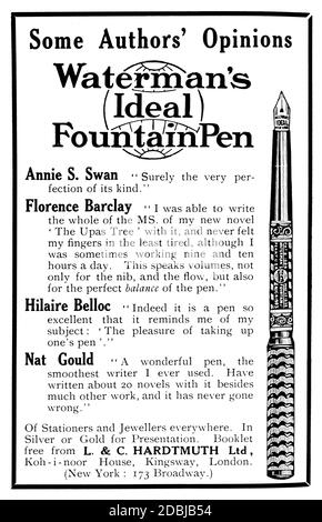 1914 Waterman’s Ideal fountain pen advertisement with recommendations from authors from The Studio an Illustrated Magazine of Fine and Applied Art Stock Photo