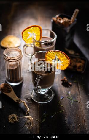 Delicious winter hot chocolate.Healthy food and drink.Christmas drinks.Dried Orange. Stock Photo