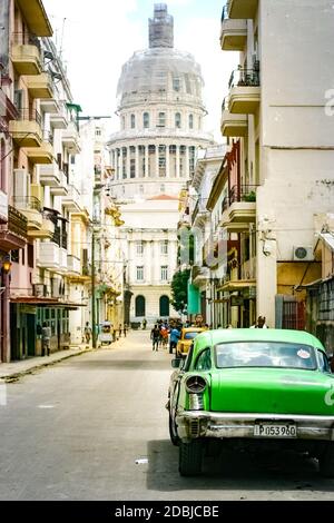 July 15, 2019 - Havana Cuba. Old retro car in Havana with tipical buidings Stock Photo