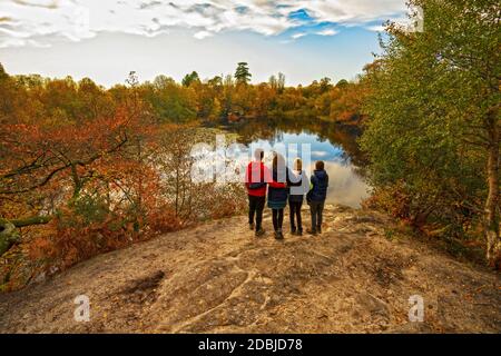 A family admires Lake Wood during autumn.  Uckfiled, East Sussex, England, Uk. Stock Photo