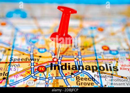 Bangkok, Thailand, June 1, 2020 Indianapolis, Marion road map with red pushpin, city in the United States of America USA. Stock Photo