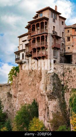 Casa Colgadas in Cuenca, Spain is built on the edge of a cliff Stock Photo