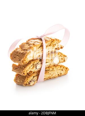 Sweet italian cantuccini cookies. Almonds biscuits isolated on white background. Stock Photo