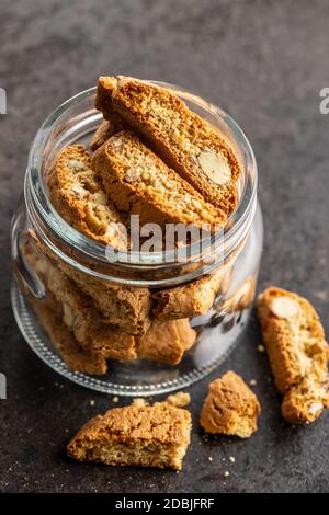 Sweet italian cantuccini cookies. Almonds biscuits in jar. Stock Photo