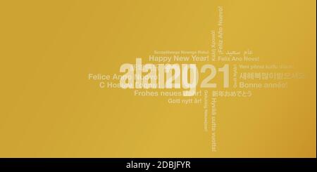 golden happy new year 2021 card in many different languages, greeting card with word cloud vector illustration Stock Vector