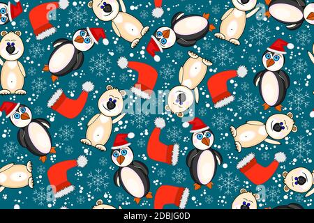 Christmas and New Year seamless pattern.Winter backdrop with polar bear, penguin,santa hat and snowflakes on dark background.Stock vector illustration Stock Vector