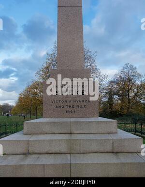 Large red granite monument to John Hanning Speke, Victorian explorer in Kensington Gardens; designed by Philip Hardwick in 1886 Stock Photo