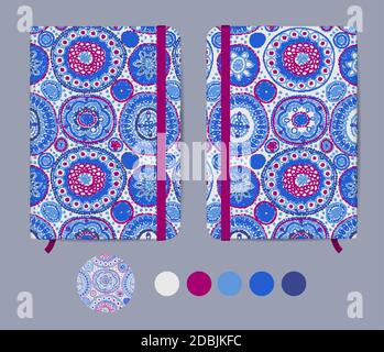 Blue copybook template with elastic band and bookmark with abstract pattern. Australian aboriginal geometric art concentric circles seamless pattern Stock Vector