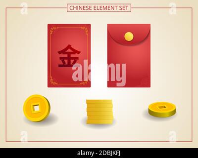 Chinese Angpao red color with golden coins in papercut style. Chinese wording: Gold. Suitable for graphic, banner, card, flyer and many purpose Stock Vector