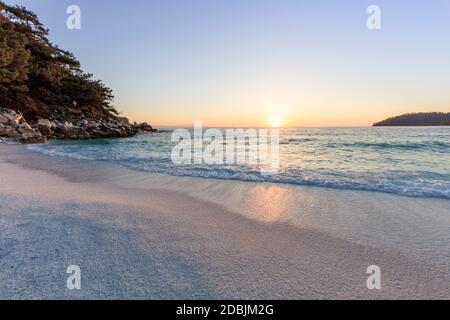 sunrise in Marble beach (Saliara beach), Thassos Islands. The most beautiful white beach in Greece Stock Photo