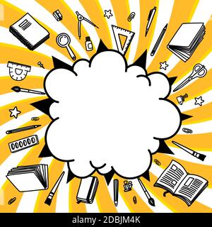 Stationery collection. Outline style. Back to school thin line vector doodle illustration template isolated on twisted background. Sketchy vector Stock Vector
