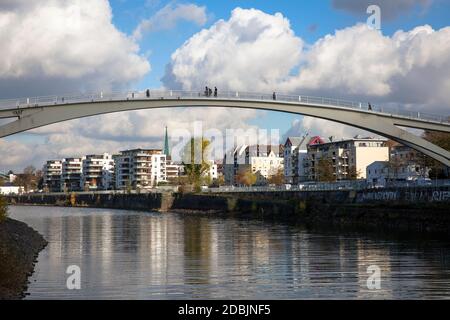 bridge in the Rhine harbor in the district Muelheim, Cologne, Germany.  die Katzenbuckelbruecke im Muelheimer Hafen, Koeln, Deutschland. Stock Photo