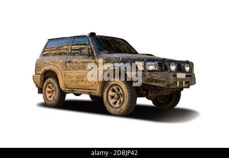 Mud splatter car side view isolated on white Stock Photo