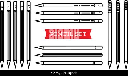 Stationery collection. Writing tools. Pencil set. Outline style. Pencil thin line vector icons with diferent classic design. Back to school. Writing Stock Vector
