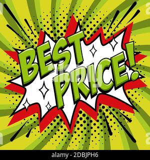 Best price - Comic book style word on a green background. Best price comic text speech bubble. Banner in pop art comic style. Color summer banner in Stock Vector