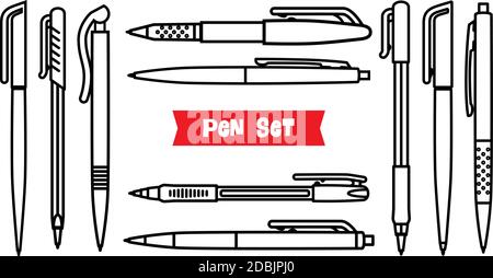 Stationery collection. Writing tools. Pens set. Outline style. Ballpoint thin line vector icons. Biro, Fountain pen, gel pen, ballpoint pen, capillary Stock Vector