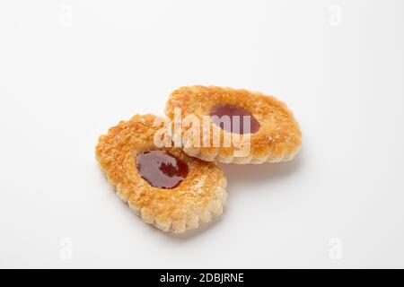 Two Cookies with jam on a white background Stock Photo