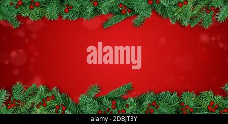 Christmas background red. Christmas tree branch borders with holly berries. Stock Photo