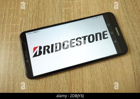 KONSKIE, POLAND - June 21, 2019: Bridgestone Corporation company logo displayed on mobile phone Stock Photo