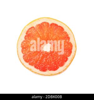 Close up one round thin cut slice of fresh pink grapefruit, backlit and isolated on white background Stock Photo