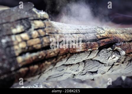 Smoke emitted from a burnt log. Close up with selective focus. Stock Photo