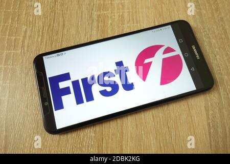 KONSKIE, POLAND - June 21, 2019: FirstGroup plc company logo displayed on mobile phone Stock Photo