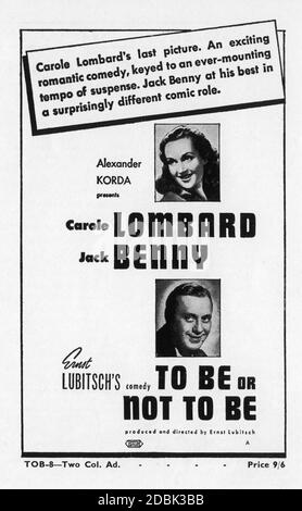 CAROLE LOMBARD and JACK BENNY in TO BE OR NOT TO BE 1942 director ERNST LUBITSCH original story Melchior Lengyel screenplay Edwin Justus Mayer presenter Alexander Korda Romaine Film Corporation / United Artists Stock Photo