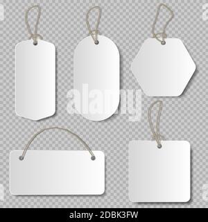 Realistic price tag. Cardboard label, paper sale tags mockup blank labels template shopping gift empty stickers with ropes tags vector set. Stock Vector