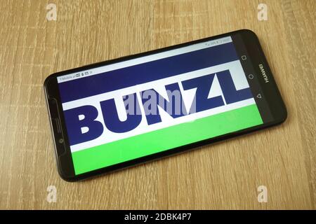 KONSKIE, POLAND - June 21, 2019: Bunzl plc company logo displayed on mobile phone Stock Photo