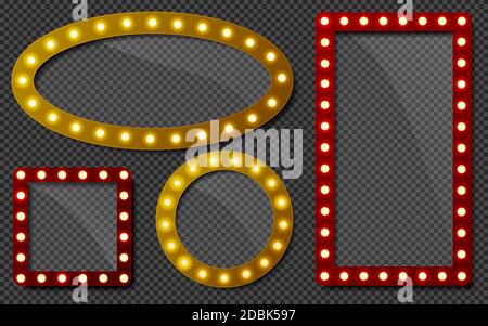 Makeup mirror. Circle and rectangle mirrors frame with light bulbs and mirrored reflection. Isolated vector set of mirror with bulb frame, vintage Stock Vector